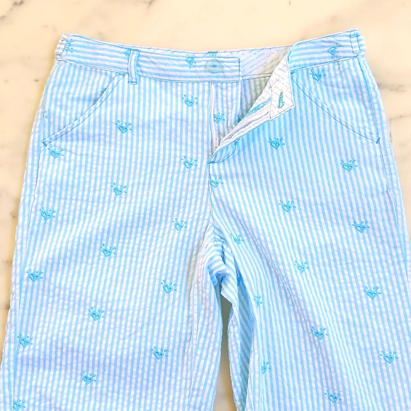 NWOT. 100% Cotton Seersucker Fabric Cropped Pants w/embroidered hearts & stripes - Picture 4 of 5